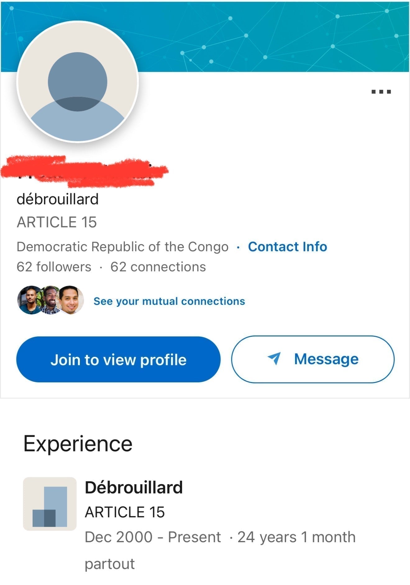 Social media post defining 'Article 15' in the Congo as the principle of 'Débrouillez-vous' (fend for yourself)