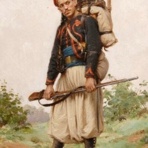 A French Zouave soldier in historical uniform, representing the military origins of the term 'débrouillard'.