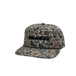 Debrouillard camo print hat in black lettering with brown rope