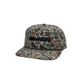 Debrouillard camo print hat in black lettering with brown rope
