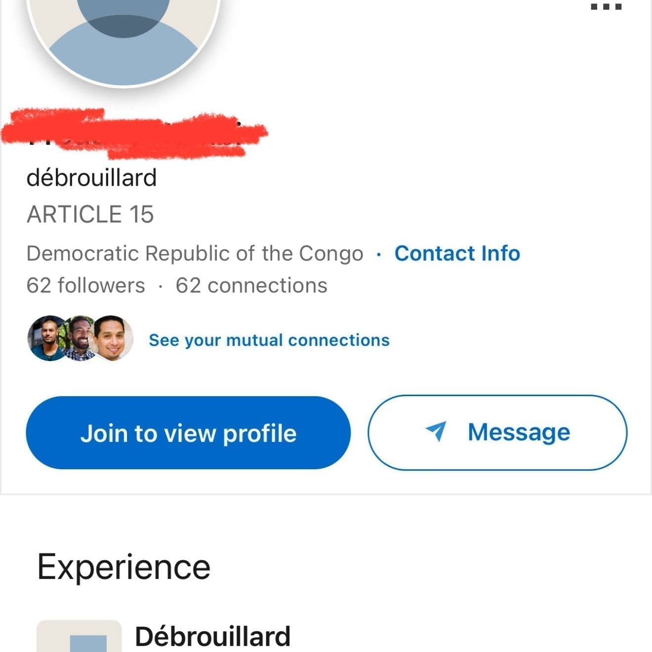 Social media post defining 'Article 15' in the Congo as the principle of 'Débrouillez-vous' (fend for yourself)