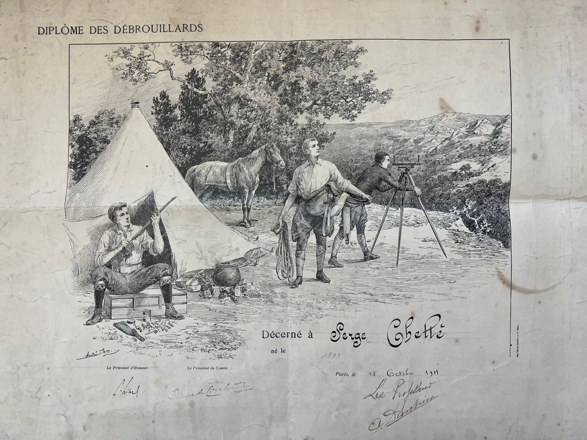 Diplome Des Debrouillards by Andre Slom, signed by Pierre de Coubertin