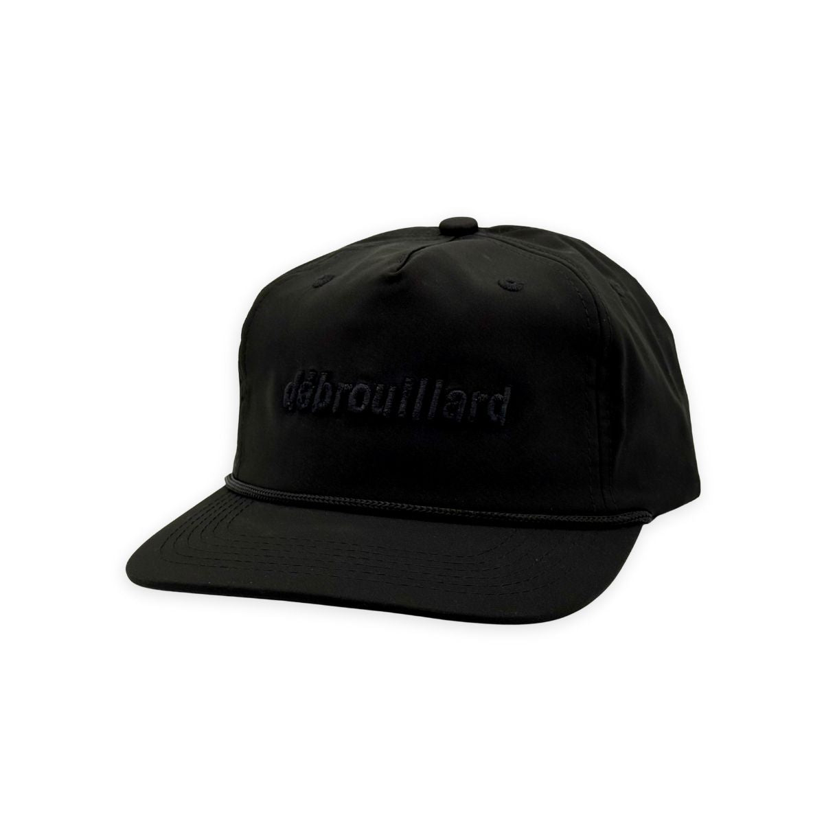 Debrouillard black hat with black lettering and black rope