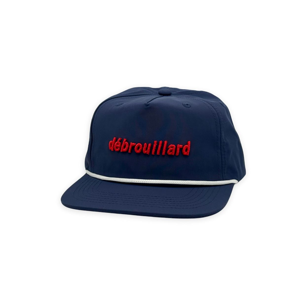 Debrouillard blue hat with red lettering and white rope