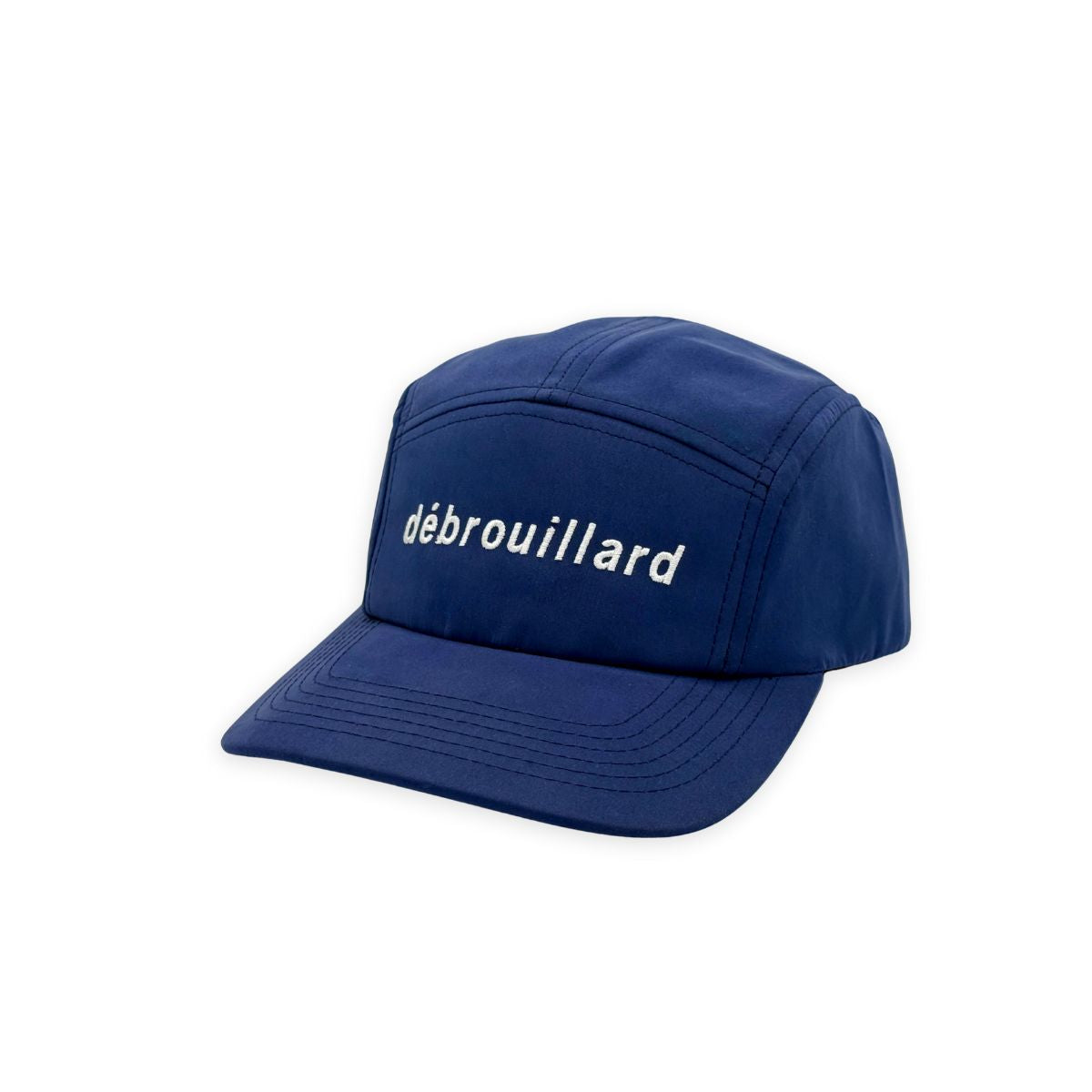 Blue five panel hat with white débrouillard embroidery across the front