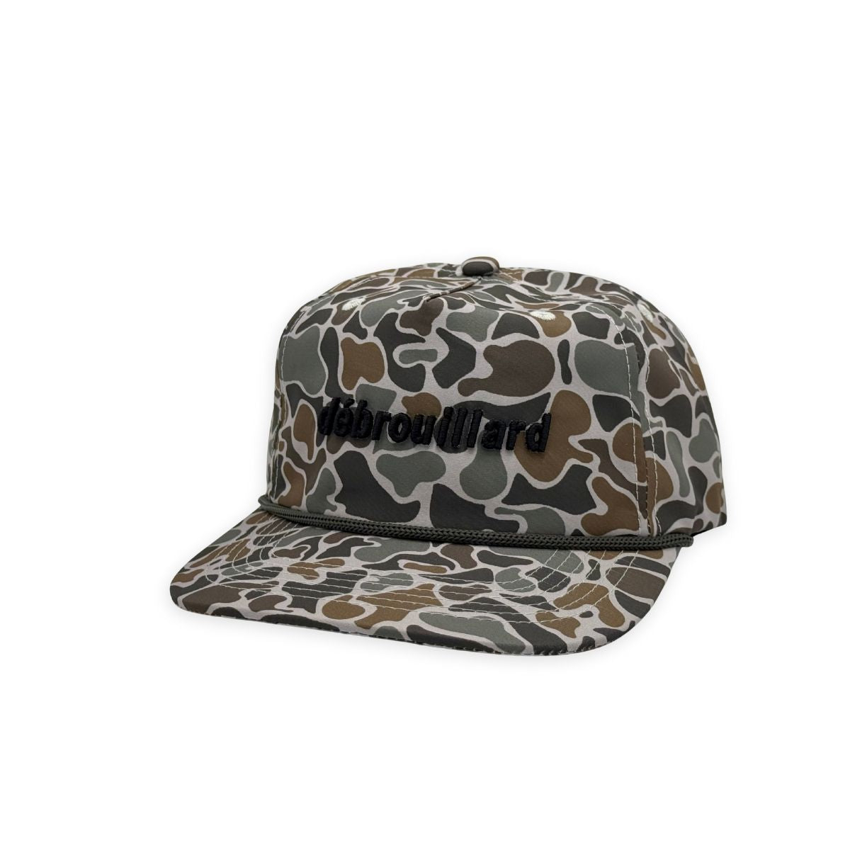 Debrouillard camo print hat in black lettering with brown rope