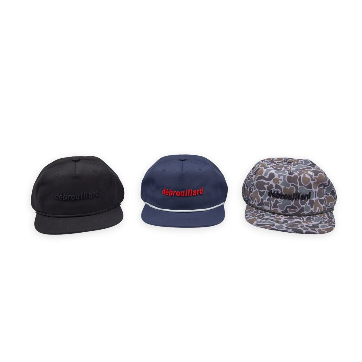 Debrouillard hats in black, blue and camo